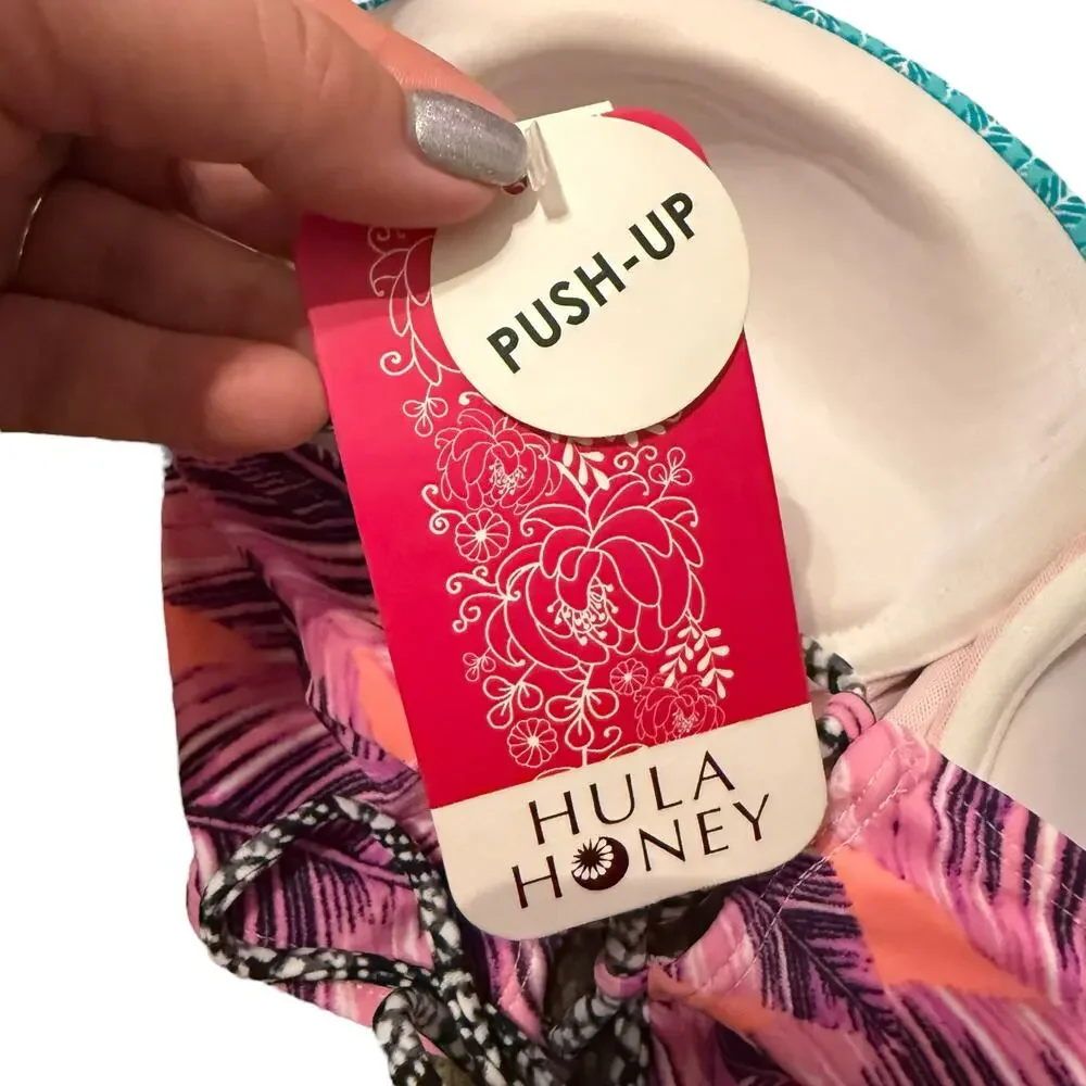 NWT hula honey pink and teal floral tropical print push up swim top size L